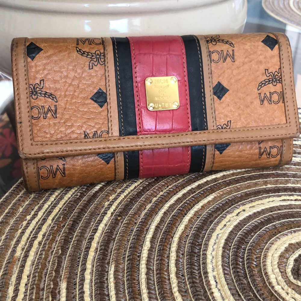 MCM authentic cognac with red stripe long wallet
